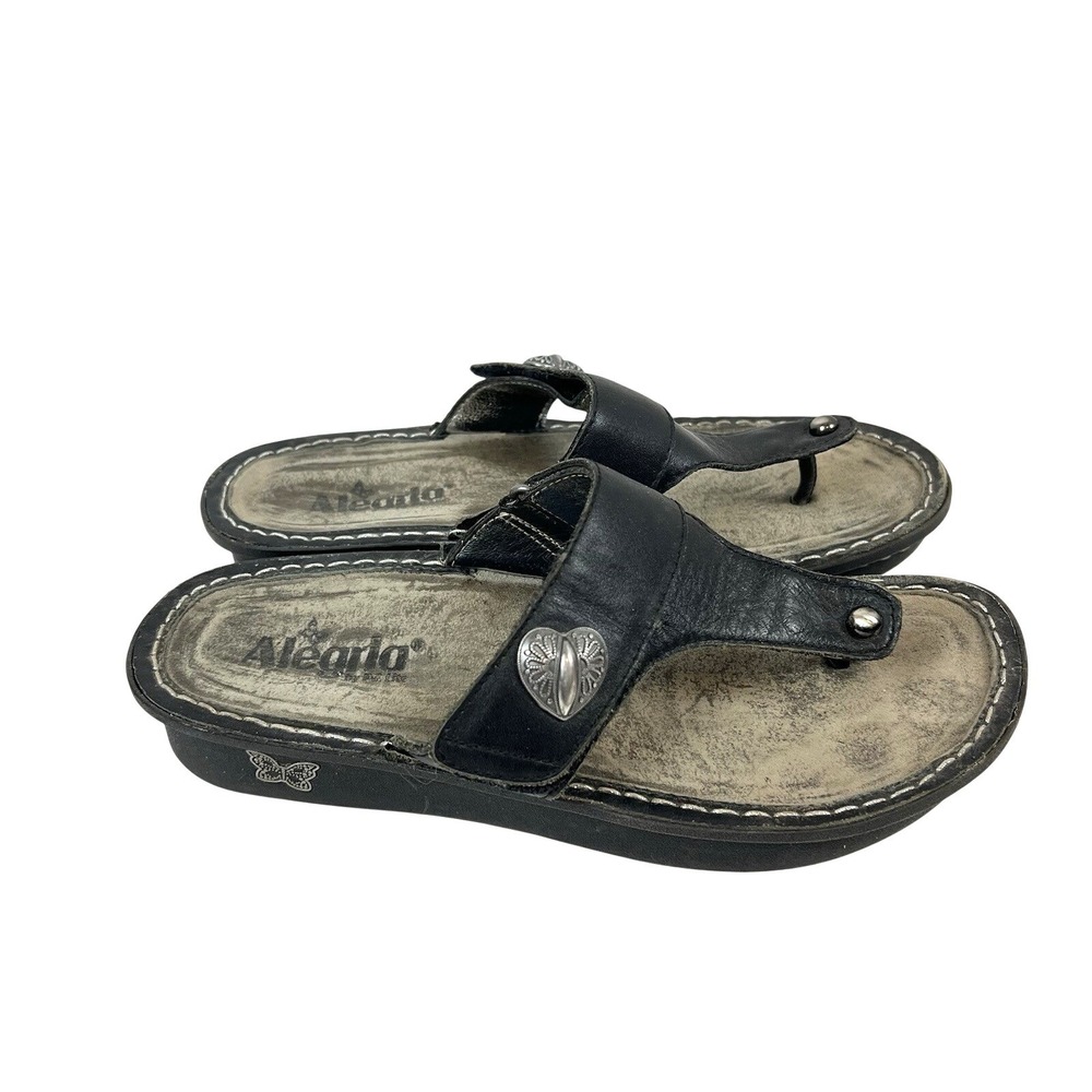 Alegria Carina Sandals Black 39 US 8.5 Leather Thong Slides Boho Artsy Hippie